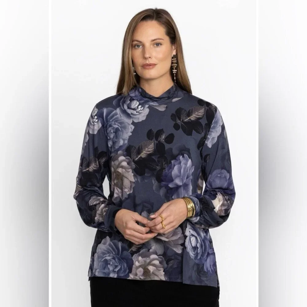 JOHNNY WAS GREY PEONY PUFF SLEEVE MOCK NECK TOP SIZE 3X